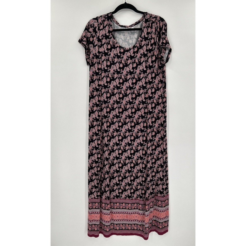 J. JILL Seamed Knit Maxi Dress Geo Paisley Black Berry Boho Short Sleeve Medium